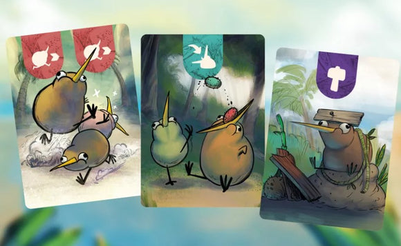 A vibrant set of illustrated game cards featuring whimsical kiwi characters engaging in playful activities. The cards depict kiwis interacting with various objects in a lively, cartoonish style against a softly blurred natural background.