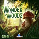Wonder Woods game by Blue Orange U.S.A. featuring whimsical forest imagery with mushrooms and lush greenery, designed for 2-5 players aged 8 and up, playing time approximately 15 minutes.