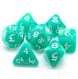 A vibrant set of turquoise gaming dice in varying shapes and sizes, including a dodecahedron, tetrahedron, and more, featuring white numbering for easy readability. Perfect for tabletop games and role-playing adventures, these dice add a stylish touch to your gaming sessions.