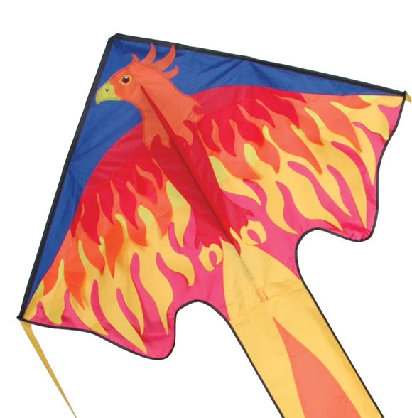 The Phoenix Large Easy Flyer Kite features a vibrant design with fiery orange and yellow detailing, depicting a phoenix against a blue sky background. Its large, eye-catching shape and bright colors make it perfect for flying on a sunny day, ideal for both kids and adults.