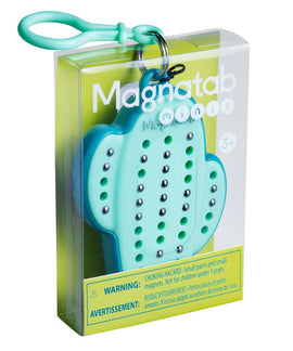 Magnatab Minis is a fun and interactive magnetic drawing board designed for kids aged 3 and up, featuring a colorful cactus shape with small magnetic balls that can be pushed up and down to create designs. It comes in a clear package with warnings about small parts.