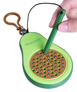Magnatab Minis by PlayMonster is a compact fidget toy designed for creativity and relaxation. It features a vibrant green exterior shaped like an avocado, with a set of small metal balls that are manipulated using a stylus. The toy allows users to create designs and patterns by moving the balls up and down, offering a satisfying tactile experience. It's perfect for on-the-go fun, stress relief, and improving fine motor skills.