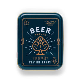 Packaging of Beer Playing Cards by Gentlemen's Hardware featuring a dark blue design with the words 'Beer Trivia' in bold white letters. The design is adorned with a hop illustration and decorative elements, highlighting the waterproof quality of the cards.