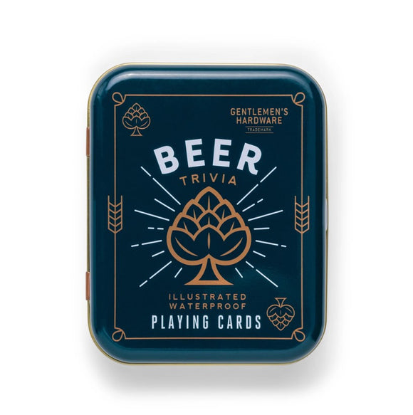 Packaging of Beer Playing Cards by Gentlemen's Hardware featuring a dark blue design with the words 'Beer Trivia' in bold white letters. The design is adorned with a hop illustration and decorative elements, highlighting the waterproof quality of the cards.