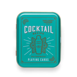 Cocktail Playing Cards by Gentlemen's Hardware, featuring a waterproof design. The vibrant turquoise tin includes illustrations of a cocktail shaker and lemon slices, perfect for game nights and cocktail-making enthusiasts.