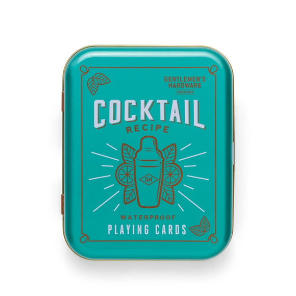 Cocktail Playing Cards by Gentlemen's Hardware, featuring a waterproof design. The vibrant turquoise tin includes illustrations of a cocktail shaker and lemon slices, perfect for game nights and cocktail-making enthusiasts.
