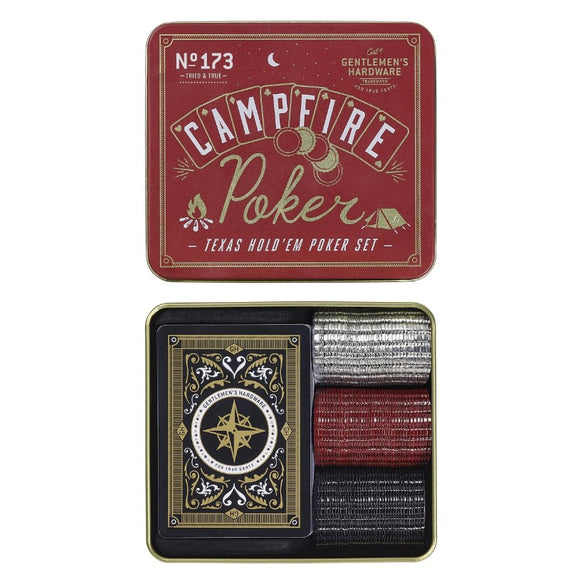 Gentlemen's Hardware Campfire Poker set featuring a vintage-style tin box with a rustic red design. Inside, it includes a deck of playing cards embellished with intricate designs and three sets of poker chips: silver, red, and black. Perfect for game nights around the campfire.