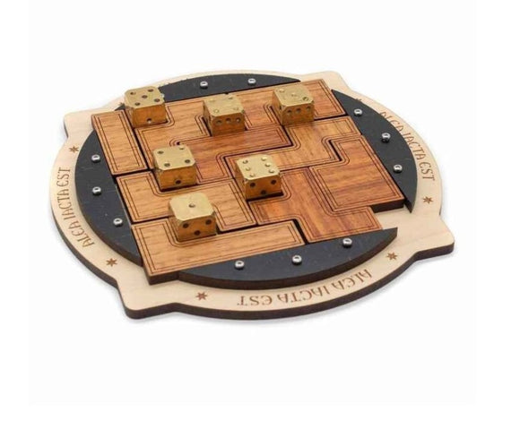 Alea Iacta Est Messing by Jean Claude is a mechanical puzzle featuring a beautifully designed wooden board with metal dice and intricate pathways. The puzzle challenges users to navigate the dice along the designated routes to complete the challenge, promoting critical thinking and problem-solving skills.