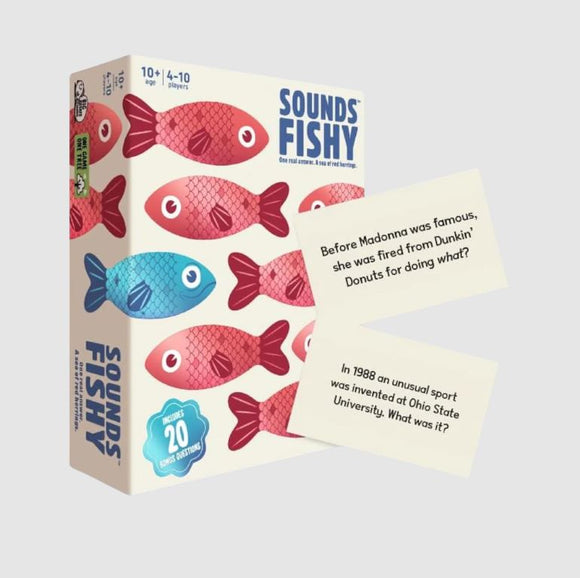 Sounds Fishy game by Big Potato Games features a colorful box art design with vibrant fish illustrations in red and blue. The game is designed for 4 to 10 players aged 10 and up, emphasizing fun and trivia. Accompanying the box are two cards with intriguing questions that enhance gameplay and challenge players' knowledge.