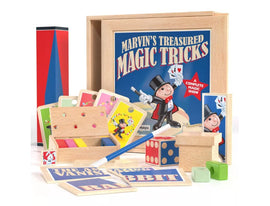 Marvin's Treasured Magic Tricks Wooden Set featuring a wooden box displaying vibrant magic trick accessories. Includes cards, colorful blocks, and a magic wand, all designed for captivating performances. The box showcases a cheerful magician, inviting children to explore the world of magic.