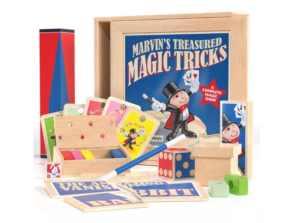 Marvin's Treasured Magic Tricks Wooden Set featuring a wooden box displaying vibrant magic trick accessories. Includes cards, colorful blocks, and a magic wand, all designed for captivating performances. The box showcases a cheerful magician, inviting children to explore the world of magic.