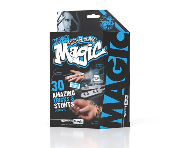 The package for Marvin's Magic featuring '30 Amazing Tricks & Stunts.' The design includes bold lettering, vibrant colors, and images of magic tricks. The box showcases fun and engaging magic activities suitable for all skill levels, aiming to inspire and entertain aspiring magicians.