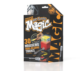A vibrant packaging of Marvin's Magic featuring '30 Miraculous Mind-Reading Tricks'. The box displays a hand performing a magic trick with colorful props and the product title prominently featured in bold text. The design is eye-catching with a mix of bright colors and dynamic graphics, ideal for young aspiring magicians looking to amaze their friends.