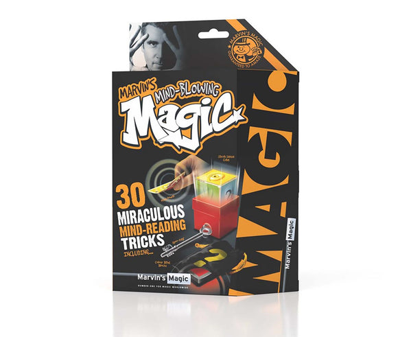A vibrant packaging of Marvin's Magic featuring '30 Miraculous Mind-Reading Tricks'. The box displays a hand performing a magic trick with colorful props and the product title prominently featured in bold text. The design is eye-catching with a mix of bright colors and dynamic graphics, ideal for young aspiring magicians looking to amaze their friends.