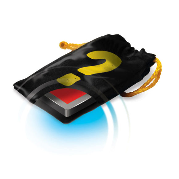 A black velvet drawstring bag featuring a large yellow question mark on the front, slightly open to reveal part of a colorful card game inside. The bag is highlighted by a glowing blue light effect emanating from its base, suggesting mystery and magic.
