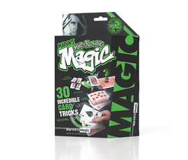 The packaging for Marvin's Magic presents "30 Incredible Card Tricks." The box features vibrant green and black graphics, showcasing various playing cards and a magician's hand holding an ace. It highlights the included magic tricks and accessories, emphasizing fun and entertainment for aspiring magicians.