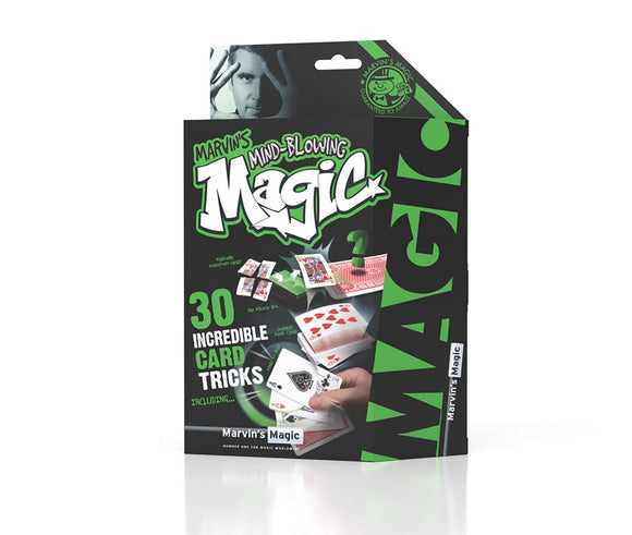 The packaging for Marvin's Magic presents "30 Incredible Card Tricks." The box features vibrant green and black graphics, showcasing various playing cards and a magician's hand holding an ace. It highlights the included magic tricks and accessories, emphasizing fun and entertainment for aspiring magicians.