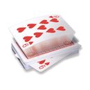 A stack of playing cards featuring a red hearts design on the top card. The cards are fanned out slightly, showcasing a vibrant and playful design, ideal for magic tricks and card games.