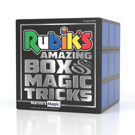 Rubik's Cube Magic Set by Marvin's Magic, featuring a sleek black box with colorful text. The design includes the Rubik's logo and states 'Amazing Box Magic Tricks', aimed at ages 8 and up, perfect for aspiring magicians and puzzle enthusiasts.