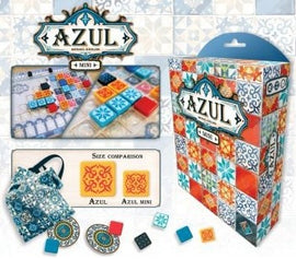 Travel Azul game by NEXT MOVE GAMES featuring vibrant tiles and a compact design. The packaging showcases colorful tile patterns, a size comparison against other versions, and an illustrated game setup. A stylish bag for easy transport is also included, making it perfect for travel.