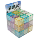 An assortment of transparent cubed mazes in various colors, arranged in a 3D formation. The cubes feature holes and clear sections, allowing for visibility of inside components, making it a visually engaging puzzle. The packaging displays the title 'CUBED' along with branding from Family Games Inc. Designed for ages 8 and older, this game challenges players to navigate through intricate mazes.