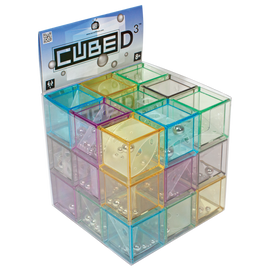 An assortment of transparent cubed mazes in various colors, arranged in a 3D formation. The cubes feature holes and clear sections, allowing for visibility of inside components, making it a visually engaging puzzle. The packaging displays the title 'CUBED' along with branding from Family Games Inc. Designed for ages 8 and older, this game challenges players to navigate through intricate mazes.