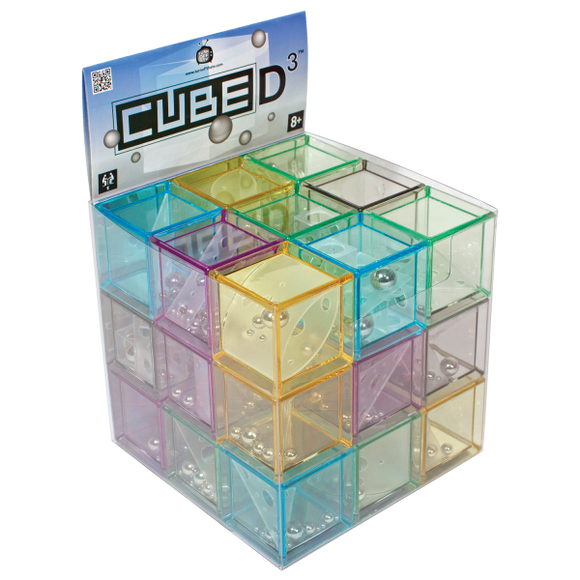 An assortment of transparent cubed mazes in various colors, arranged in a 3D formation. The cubes feature holes and clear sections, allowing for visibility of inside components, making it a visually engaging puzzle. The packaging displays the title 'CUBED' along with branding from Family Games Inc. Designed for ages 8 and older, this game challenges players to navigate through intricate mazes.