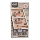 Rustik Fast Sling Puck game by Family Games Inc, featuring a wooden board with two lanes and black pucks. Designed for ages 4 and up, suitable for 2 players. The game promotes active play and family fun.