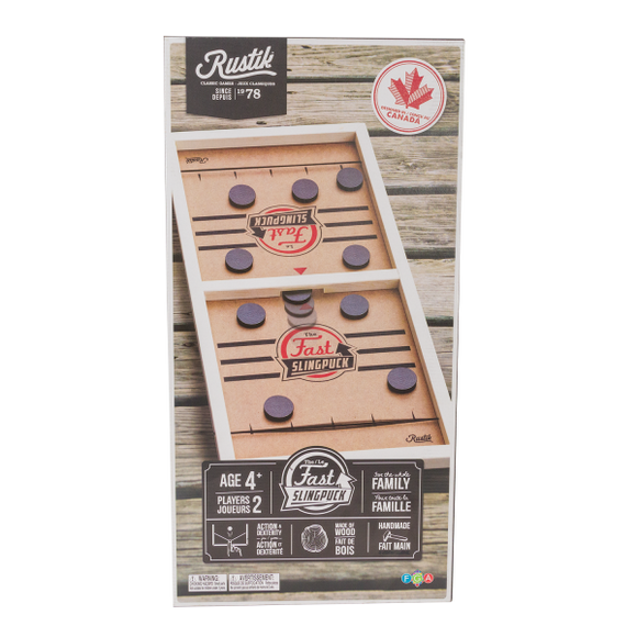 Rustik Fast Sling Puck game by Family Games Inc, featuring a wooden board with two lanes and black pucks. Designed for ages 4 and up, suitable for 2 players. The game promotes active play and family fun.