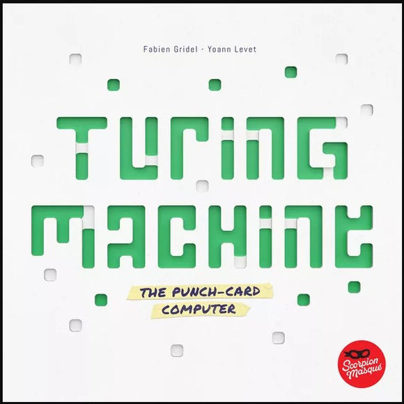 Turing Machine board game box featuring a modern design with bold green text on a white background. The box includes the subtitle 'The Punch-Card Computer' and is produced by SCORPION MASQUE. Ideal for strategic gameplay and coding enthusiasts.