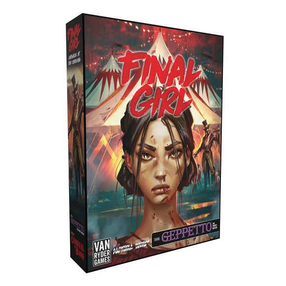 The box of the game 'Final Girl: Carnage at the Carnival' by Van Ryder Games showcases an intense and evocative design. The cover features a female character with a serious expression and blood on her face, set against a carnival backdrop with a tent design. The title 'FINAL GIRL' is prominently displayed in bold red lettering, suggesting a thrilling and dramatic gameplay experience.