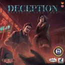 The board game 'Deception: Murder in Hong Kong' features a captivating cover art depicting two characters in a mysterious crime scene. The background suggests an investigative theme, with dark colors and shadows that invoke suspense. The title is prominently displayed at the top, along with various seals of excellence indicating its quality and recognition in the gaming community.