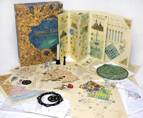 The Emerald Flame game by Postcurious displayed with intricately designed game pieces, a beautifully illustrated box, a variety of cards, and unique puzzle elements. The game features thematic artwork and educational content, perfect for adventure and exploration. Included are maps, clues, and items to enhance the gameplay experience.