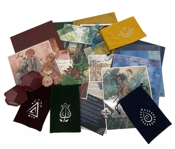 Adrift is a complex and immersive game by Postcurious featuring a variety of beautifully illustrated cards, unique tokens, and designed pouches. The collection includes thematic artwork, detailed game rules on assorted colored paper, and personalized elements that enhance gameplay, making it perfect for deep storytelling and engaging interactions with friends or family.