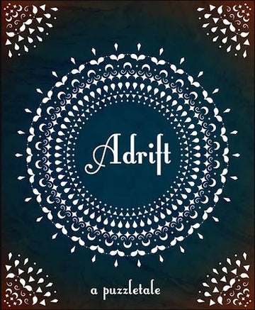 The cover of the game 'Adrift' by Postcurious featuring intricate white mandala designs on a deep blue background. The title 'Adrift' is elegantly scripted in the center, surrounded by decorative elements and the phrase 'a puzzletale' at the bottom.