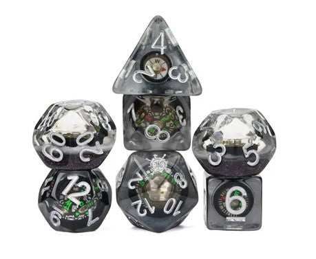 A set of six multi-faceted RPG dice in various shapes, including tetrahedron, dodecahedron, and cube. The dice feature a transparent black material with white numbers and colorful glitter inside, adding a magical touch to your tabletop gaming experience. Perfect for role-playing games, each die is designed for different functionalities, including the classic 20-sided die.