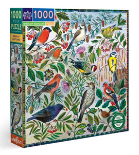 The Birds of Scotland jigsaw puzzle by Eeboo features a vivid illustration of various birds nestled among colorful foliage and berries. The puzzle contains 1000 pieces and showcases beautiful details of the Scottish avifauna, making it a delightful and engaging activity for bird lovers and puzzle enthusiasts alike.