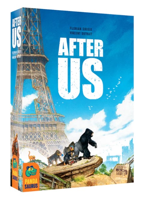 The game 'After Us' by Pandasaurus, featuring vibrant artwork of a post-apocalyptic landscape with the Eiffel Tower in the background. Various animals, including a gorilla and a dog, are depicted exploring their surroundings, set against a clear blue sky with hints of green foliage.