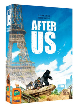 The game 'After Us' by Pandasaurus, featuring vibrant artwork of a post-apocalyptic landscape with the Eiffel Tower in the background. Various animals, including a gorilla and a dog, are depicted exploring their surroundings, set against a clear blue sky with hints of green foliage.