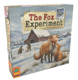The Fox Experiment board game box featuring a snowy landscape with two foxes in front, a barn in the background, and people interacting with a fox. The cover design includes a playful layout with a photo stamp of a fox.