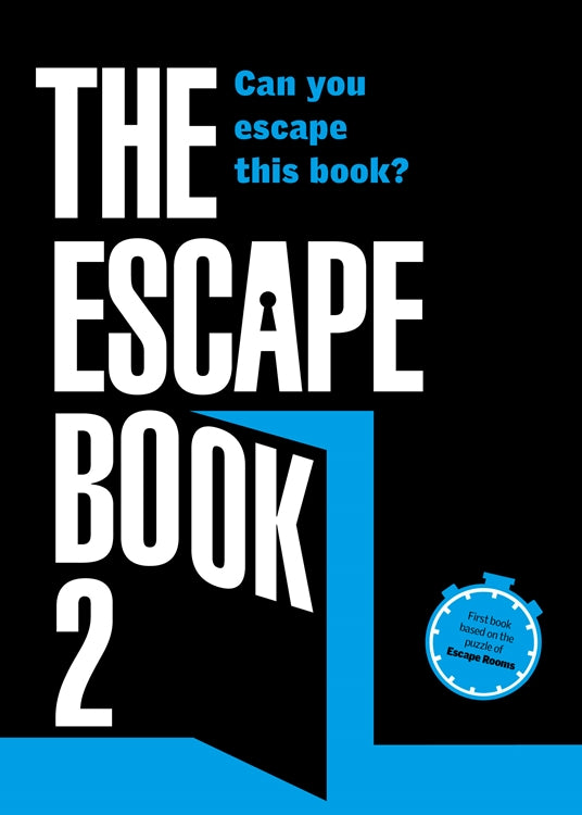 The Escape Book 2 cover featuring bold white text against a black background, asking 'Can you escape this book?' with a graphic of an open door and a blue circle indicating it's based on escape room puzzles.