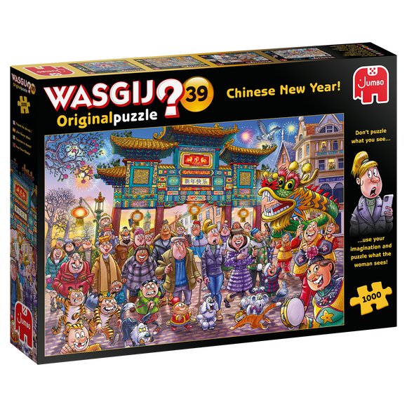 Wasgij Original 39 Chinese New Year jigsaw puzzle box featuring a vibrant illustration of a bustling festival scene. The design includes colorful characters, a dragon dance, cherry blossom trees, lanterns, and traditional decorations that capture the festive atmosphere of the Chinese New Year. The puzzle contains 1000 pieces and encourages imaginative thinking.