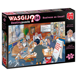 Wasgij Destiny 24 puzzle box featuring a humorous scene of a busy office meeting. The image shows colorful characters engaged in various activities around a conference table, surrounded by charts and a window view of a cityscape. Contains 1000 pieces and encourages imaginative thinking.