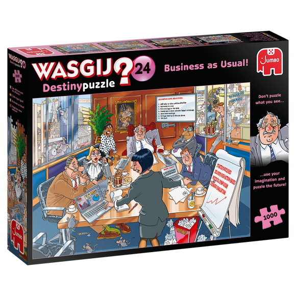 Wasgij Destiny 24 puzzle box featuring a humorous scene of a busy office meeting. The image shows colorful characters engaged in various activities around a conference table, surrounded by charts and a window view of a cityscape. Contains 1000 pieces and encourages imaginative thinking.