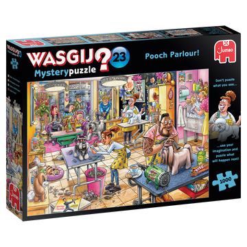 Wasgij Mystery 23 Pooch Parlour jigsaw puzzle by Jumbo featuring a vibrant scene in a dog grooming salon. The illustration shows various characters interacting with dogs, vivid colors, and humorous details that invite the participant to imagine the story behind the scene. The box highlights it has 1000 pieces and is designed for puzzle enthusiasts who enjoy quirky narratives.