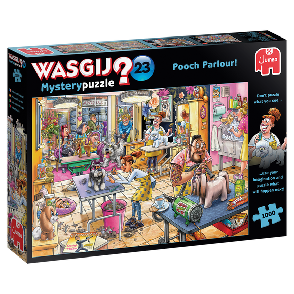Wasgij Mystery 23 Pooch Parlour jigsaw puzzle by Jumbo featuring a vibrant scene in a dog grooming salon. The illustration shows various characters interacting with dogs, vivid colors, and humorous details that invite the participant to imagine the story behind the scene. The box highlights it has 1000 pieces and is designed for puzzle enthusiasts who enjoy quirky narratives.