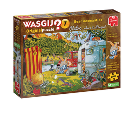 Wasgij Retro Original 7 Bear Necessities! jigsaw puzzle box featuring colorful artwork of a fun camping scene with characters and various wildlife. The image showcases a vibrant landscape with a truck, a caravan, and a river, surrounded by trees and playful animals. The box indicates it includes 1000 pieces and emphasizes imaginative puzzle-solving.