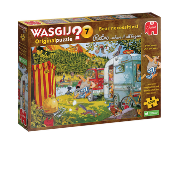 Wasgij Retro Original 7 Bear Necessities! jigsaw puzzle box featuring colorful artwork of a fun camping scene with characters and various wildlife. The image showcases a vibrant landscape with a truck, a caravan, and a river, surrounded by trees and playful animals. The box indicates it includes 1000 pieces and emphasizes imaginative puzzle-solving.