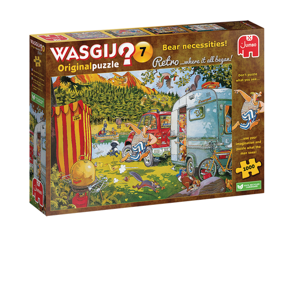 Wasgij Retro Original 7 Bear Necessities! jigsaw puzzle box featuring colorful artwork of a fun camping scene with characters and various wildlife. The image showcases a vibrant landscape with a truck, a caravan, and a river, surrounded by trees and playful animals. The box indicates it includes 1000 pieces and emphasizes imaginative puzzle-solving.