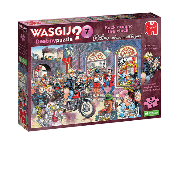Wasgij Retro Destiny 7 jigsaw puzzle featuring a lively retro scene with people on motorcycles, a cafe, and various characters in vibrant attire. The puzzle box highlights the illustration's rich detail, evoking a sense of nostalgia and fun. It contains 1000 pieces and encourages puzzlers to use their imagination to solve the mystery within the image.